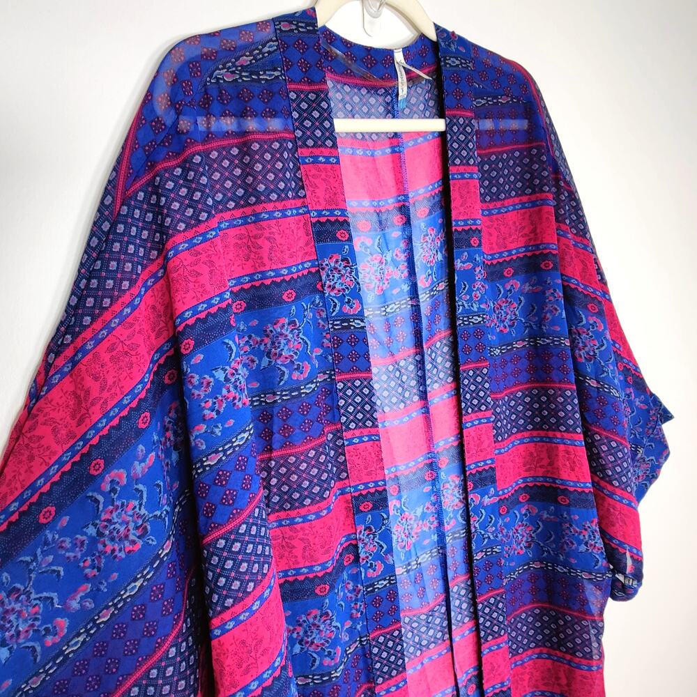Wallflower Floral Patchwork Chiffon Sheer Kimono Blue Pink Sheer Boho L - Picture 3 of 7